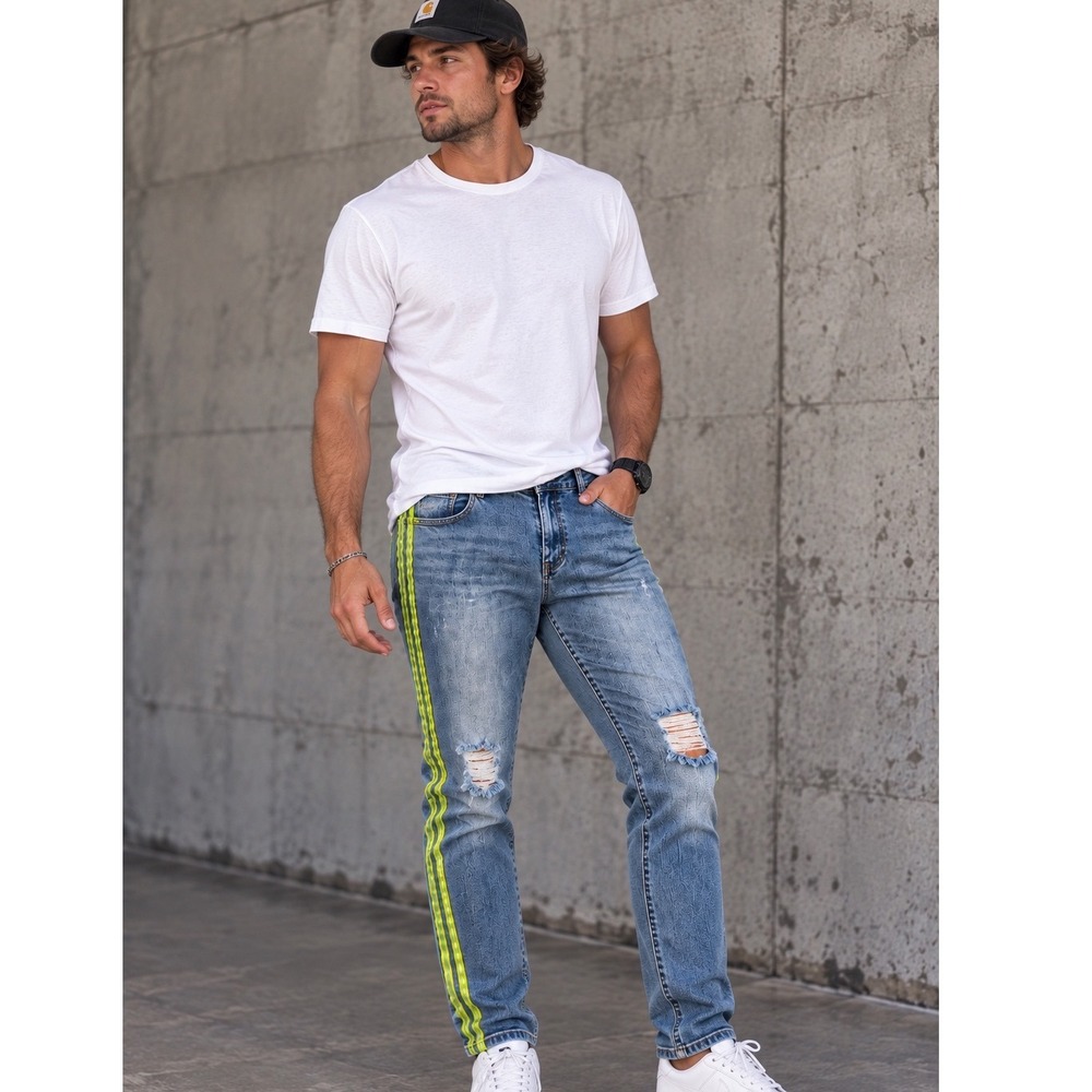 Rogue Skinny Jeans Men's 36w Medium Wash Distressed Neon Reflective Side Stripe